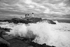 Waves Crashing on Maine Shore Near Cape Neddick Light - BW
